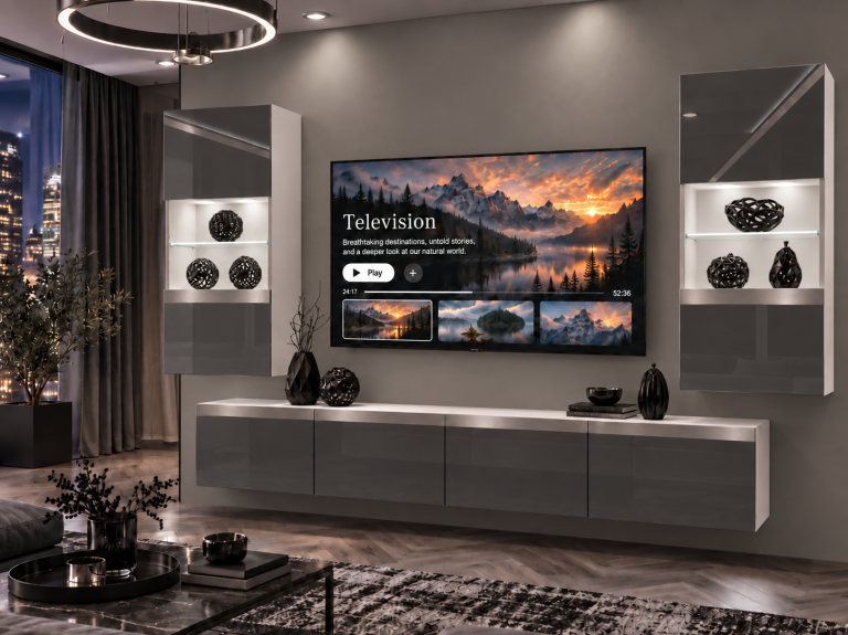 Mobilă sufragerie Prestige 200 cm pentru TV/RTV, gri lucios, Producător: IMP P Keanu 7/5/W/S/0/0/SL