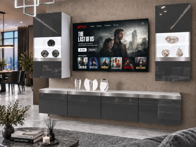 Mobilă sufragerie Prestige 200 cm pentru TV/RTV, gri lucios, Producător: IMP P Keanu 7/5/W/S/0/0/SL