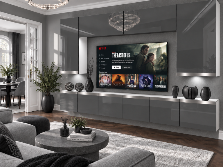 Mobilă de sufragerie Prestige 300 cm TV/RTV gri lucios Producător IMP P Monroe 2/5/W/S/0/0/SL