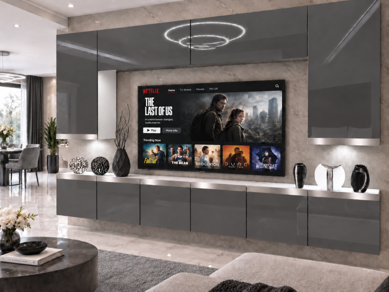 Mobilă de sufragerie Prestige 300 cm TV/RTV gri lucios Producător IMP P Monroe 2/5/W/S/0/0/SL