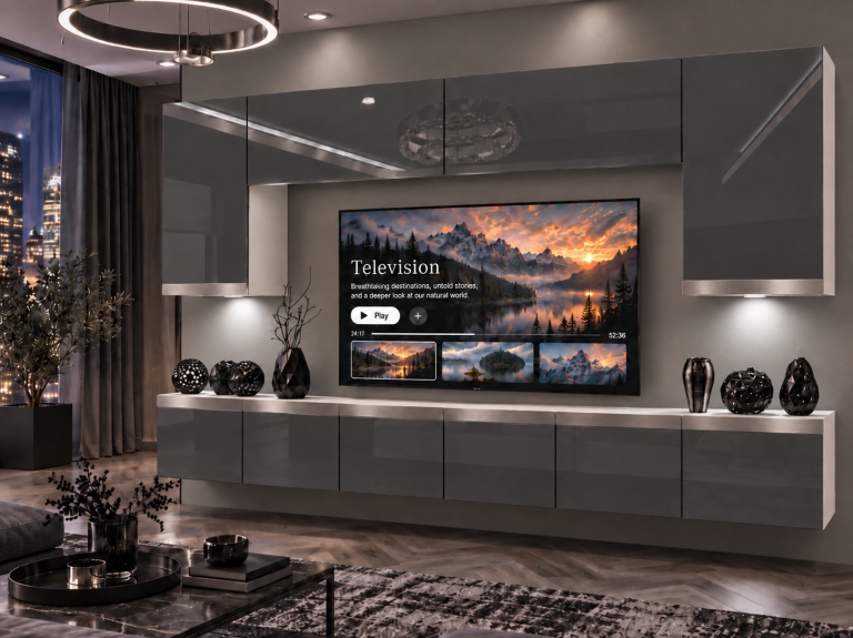 Mobilă de sufragerie Prestige 300 cm TV/RTV gri lucios Producător IMP P Monroe 2/5/W/S/0/0/SL