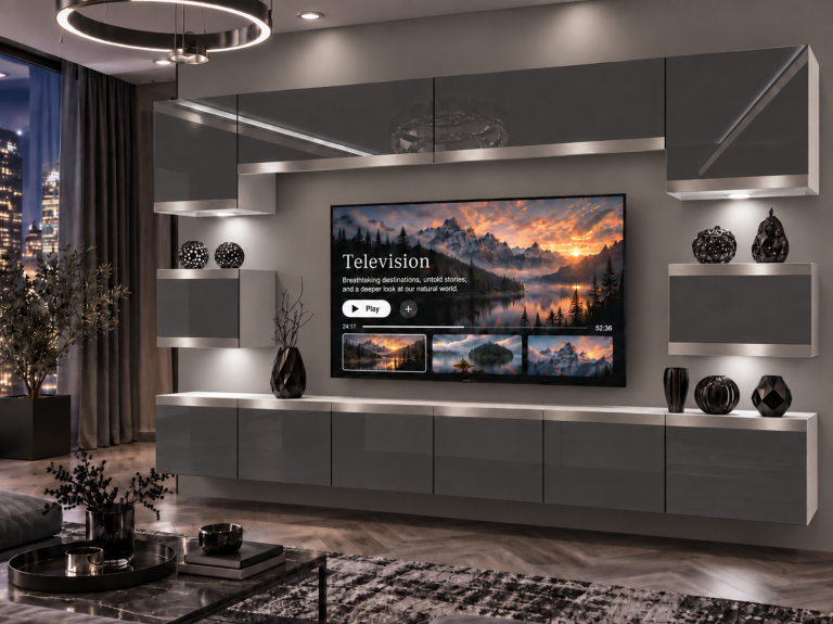 Mobilă de sufragerie  Prestige 300 cm TV/RTV gri lucios Producător IMP P Tarantino 3/5/W/S/0/0/SL