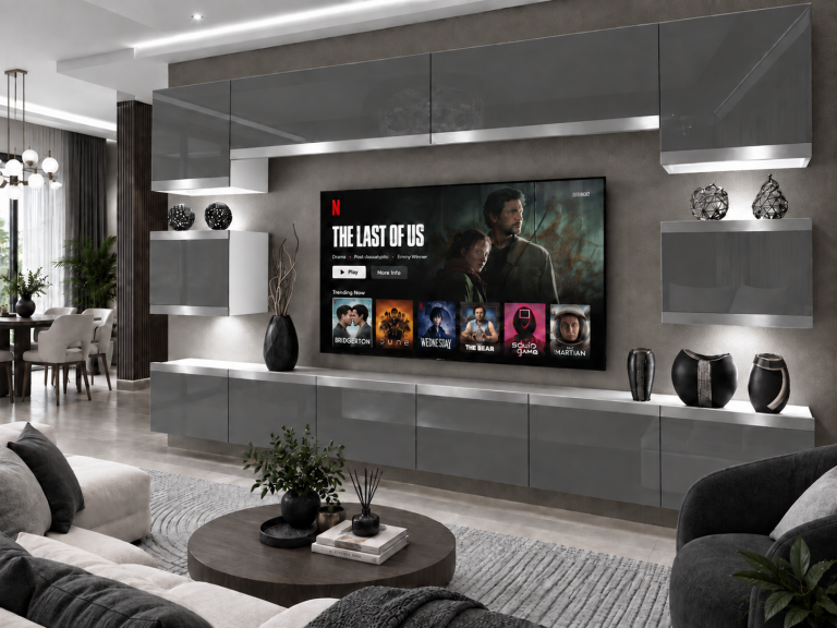 Mobilă de sufragerie  Prestige 300 cm TV/RTV gri lucios Producător IMP P Tarantino 3/5/W/S/0/0/SL