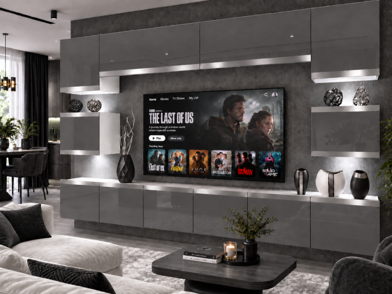 Mobilă de sufragerie  Prestige 300 cm TV/RTV gri lucios Producător IMP P Tarantino 3/5/W/S/0/0/SL
