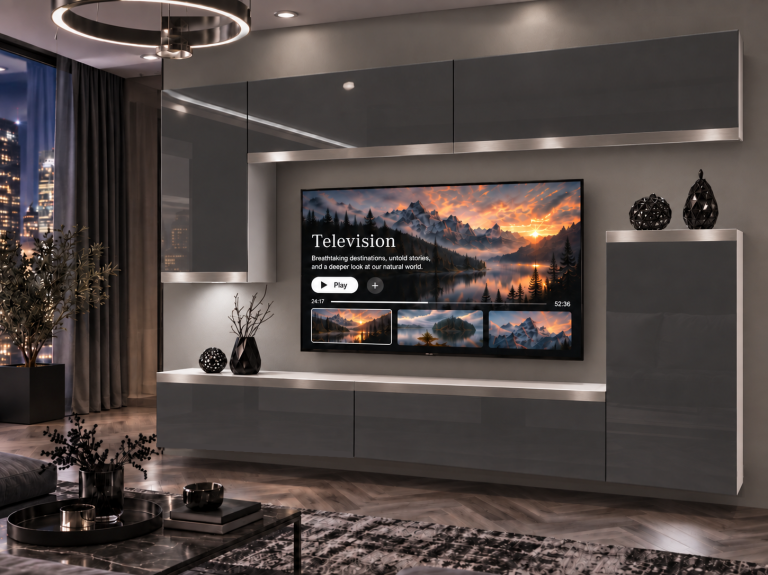 Mobilă sufragerie Prestige 250 cm pentru TV/RTV, negru lucios, Producător: IMP P Woody 8/5/W/B/0/0/SL
