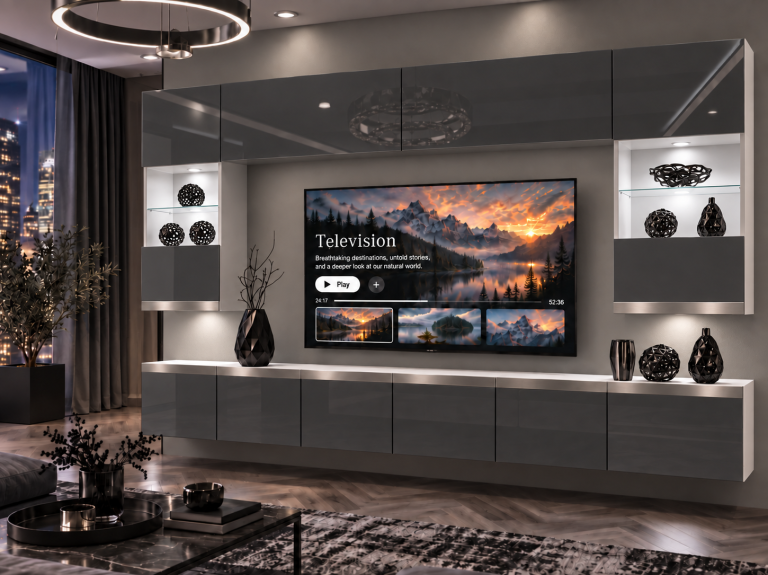 Mobilă de sufragerie Prestige 300 cm TV/RTV gri lucios Producător IMP P1 Nolan 1/5/W/S/0/0/SL