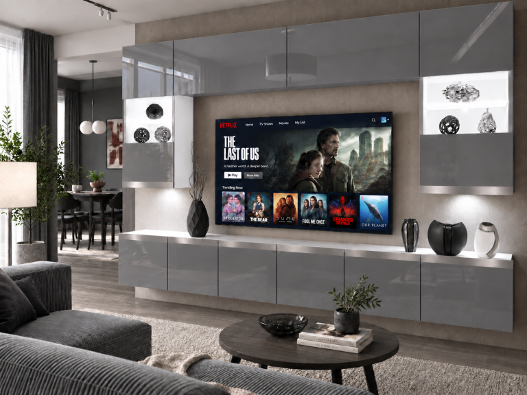Mobilă de sufragerie Prestige 300 cm TV/RTV gri lucios Producător IMP P1 Nolan 1/5/W/S/0/0/SL