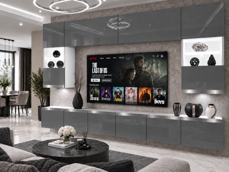 Mobilă de sufragerie Prestige 300 cm TV/RTV gri lucios Producător IMP P1 Nolan 1/5/W/S/0/0/SL