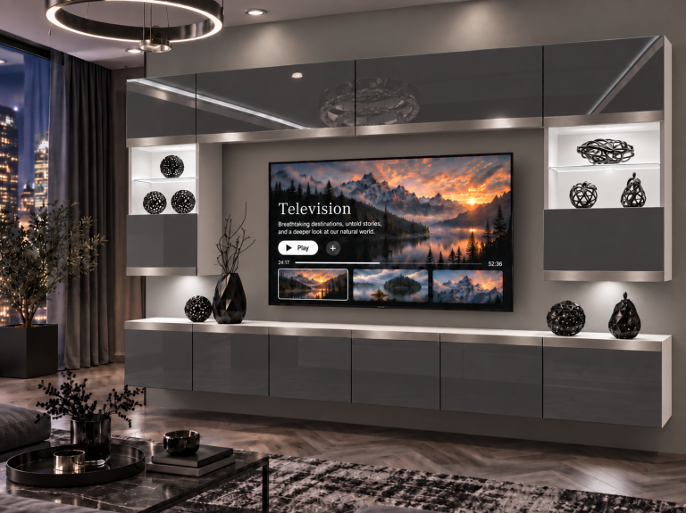 Mobilă de sufragerie Prestige 300 cm TV/RTV gri lucios Producător IMP P2 Nolan 1/5/W/S/0/0/SL