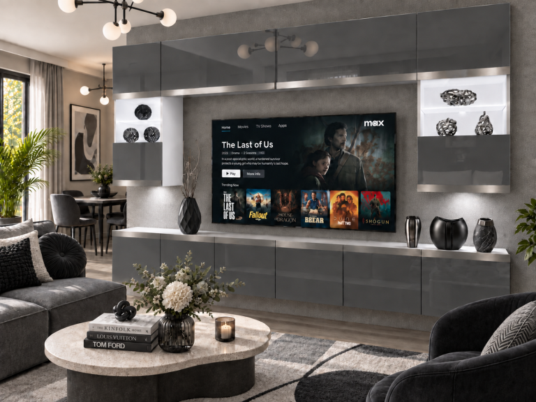Mobilă de sufragerie Prestige 300 cm TV/RTV gri lucios Producător IMP P2 Nolan 1/5/W/S/0/0/SL