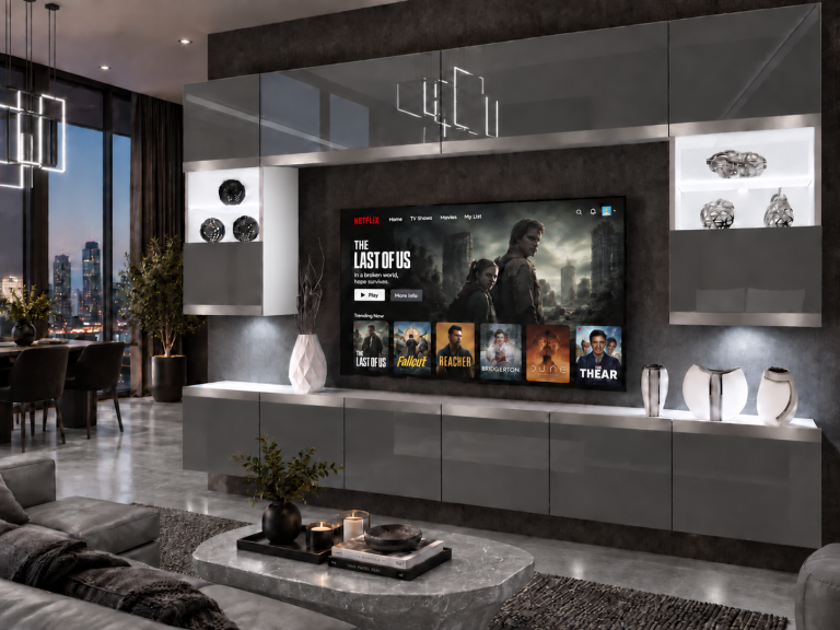 Mobilă de sufragerie Prestige 300 cm TV/RTV gri lucios Producător IMP P2 Nolan 1/5/W/S/0/0/SL