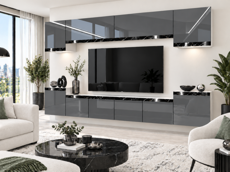 Mobilă de sufragerie Prestige 300 cm TV/RTV gri lucios Producător IMP P Hepburn 4/5/W/S/0/0/CS