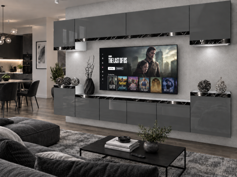 Mobilă de sufragerie Prestige 300 cm TV/RTV gri lucios Producător IMP P Hepburn 4/5/W/S/0/0/CS