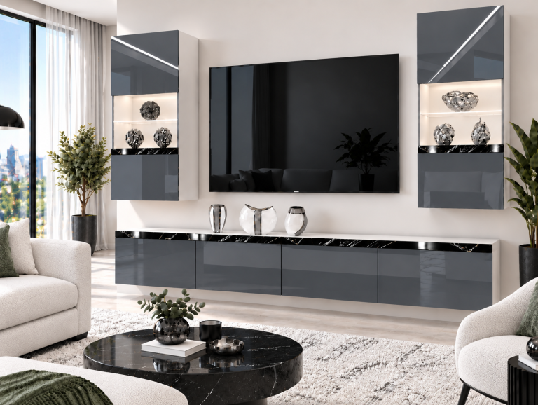 Mobilă sufragerie Prestige 200 cm pentru TV/RTV, gri lucios, Producător: IMP P Keanu 7/5/W/S/0/0/CS