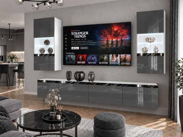 Mobilă sufragerie Prestige 200 cm pentru TV/RTV, gri lucios, Producător: IMP P Keanu 7/5/W/S/0/0/CS