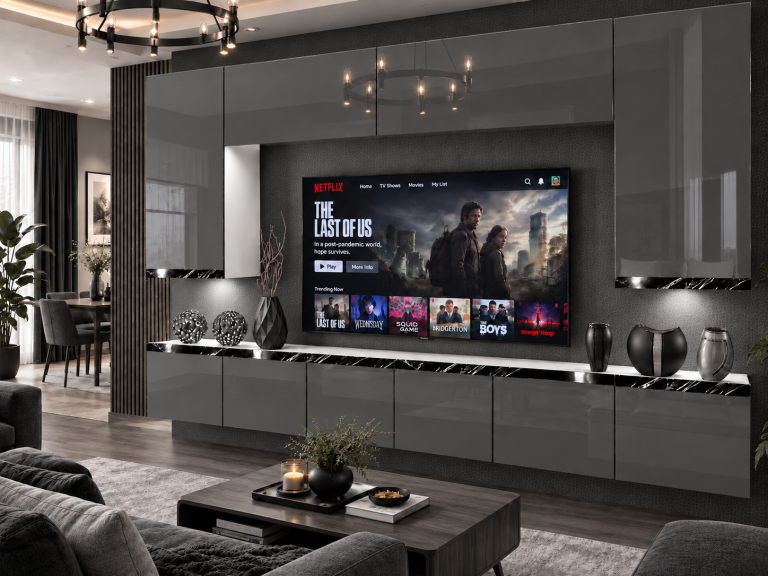 Mobilă de sufragerie Prestige 300 cm TV/RTV gri lucios Producător IMP P Monroe 2/5/W/S/0/0/CS