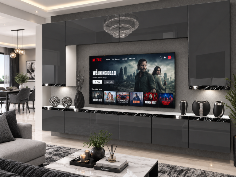 Mobilă de sufragerie Prestige 300 cm TV/RTV gri lucios Producător IMP P Monroe 2/5/W/S/0/0/CS