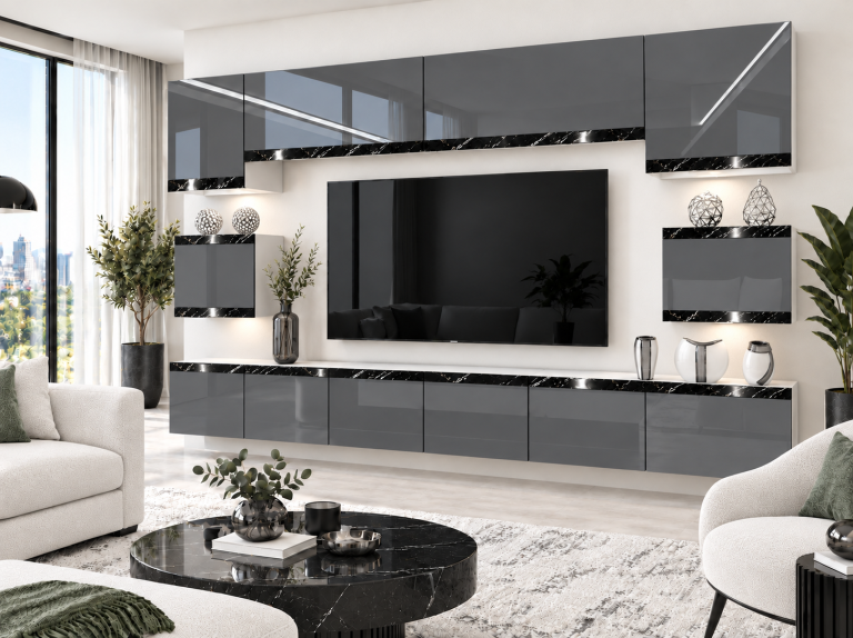 Mobilă de sufragerie  Prestige 300 cm TV/RTV gri lucios Producător IMP P Tarantino 3/5/W/S/0/0/CS
