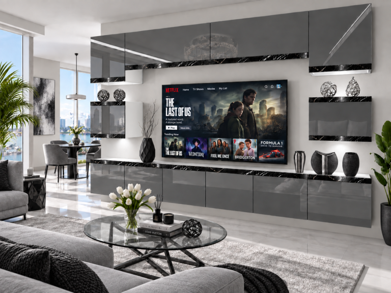 Mobilă de sufragerie  Prestige 300 cm TV/RTV gri lucios Producător IMP P Tarantino 3/5/W/S/0/0/CS