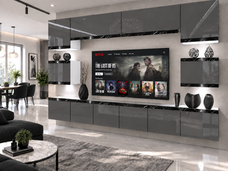 Mobilă de sufragerie  Prestige 300 cm TV/RTV gri lucios Producător IMP P Tarantino 3/5/W/S/0/0/CS