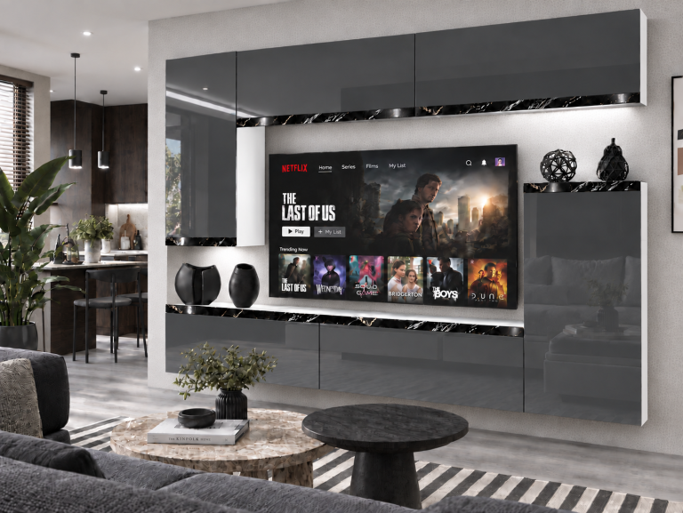 Mobilă sufragerie Prestige 250 cm pentru TV/RTV, gri lucios, Producător: IMP P Woody 8/5/W/S/0/0/CS