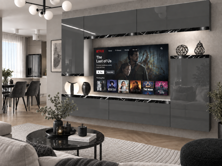 Mobilă sufragerie Prestige 250 cm pentru TV/RTV, gri lucios, Producător: IMP P Woody 8/5/W/S/0/0/CS