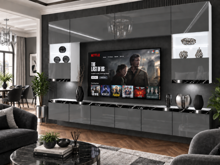 Mobilă de sufragerie Prestige 300 cm TV/RTV gri lucios Producător IMP P1 Nolan 1/5/W/S/0/0/CS