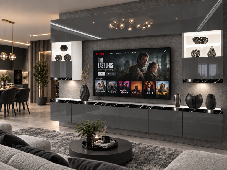 Mobilă de sufragerie Prestige 300 cm TV/RTV gri lucios Producător IMP P1 Nolan 1/5/W/S/0/0/CS
