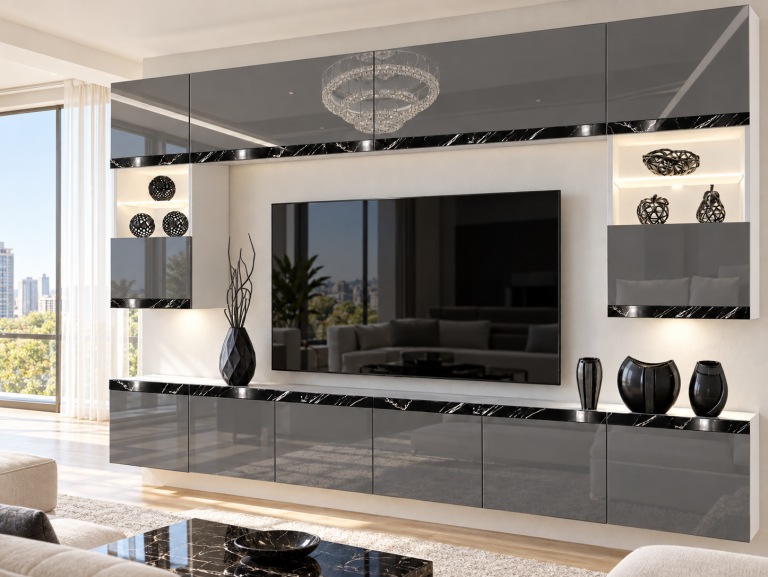 Mobilă de sufragerie Prestige 300 cm TV/RTV gri lucios Producător IMP P2 Nolan 1/5/W/S/0/0/CS