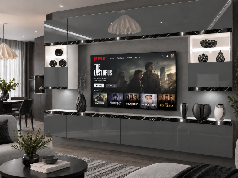 Mobilă de sufragerie Prestige 300 cm TV/RTV gri lucios Producător IMP P2 Nolan 1/5/W/S/0/0/CS