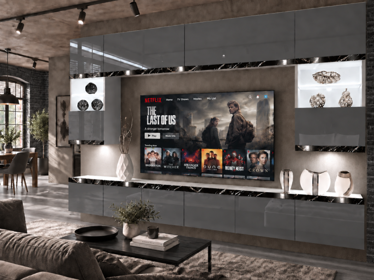 Mobilă de sufragerie Prestige 300 cm TV/RTV gri lucios Producător IMP P2 Nolan 1/5/W/S/0/0/CS