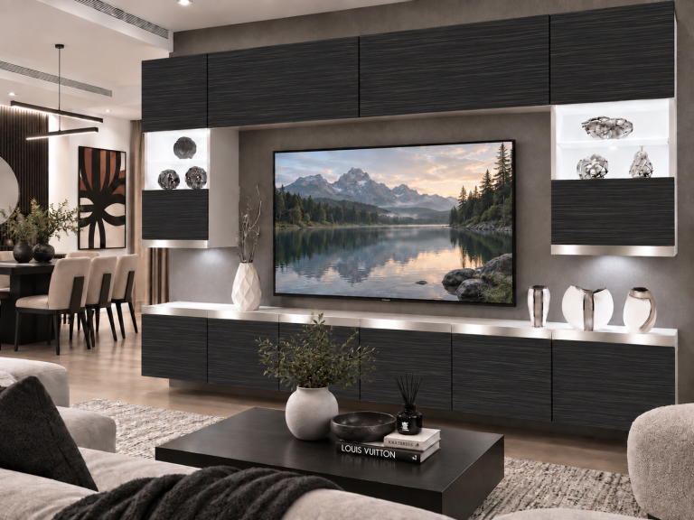 Mobilă de sufragerie  Prestige 300 cm TV/RTV negru abanos Producent IMP P1 Nolan 1/5/W/HK/0/0/SL