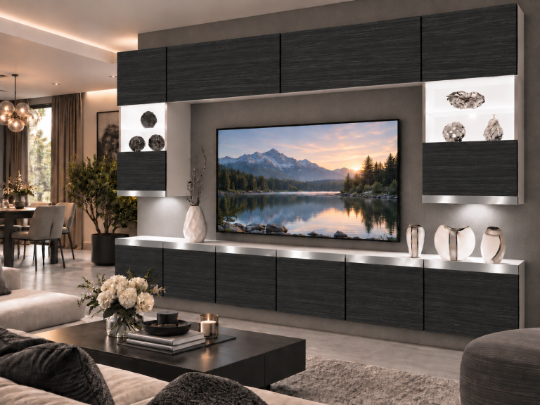 Mobilă de sufragerie  Prestige 300 cm TV/RTV negru abanos Producent IMP P1 Nolan 1/5/W/HK/0/0/SL