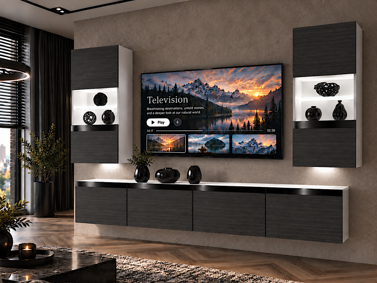 Mobilă sufragerie Prestige 200 cm pentru TV/RTV, negru, abanos. Producător IMP P Keanu 7/5/W/HK/0/0/CP