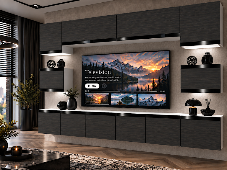Mobilă de sufragerie Prestige 300 cm TV/RTV negru abanos Producător IMP P Tarantino 3/5/W/HK/0/0/CP