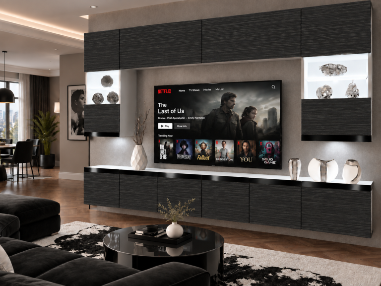 Mobilă de sufragerie  Prestige 300 cm TV/RTV negru abanos Producent IMP P1 Nolan 1/5/W/HK/0/0/CP
