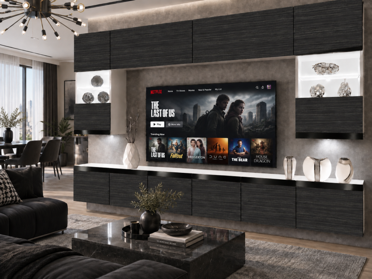 Mobilă de sufragerie  Prestige 300 cm TV/RTV negru abanos Producent IMP P1 Nolan 1/5/W/HK/0/0/CP