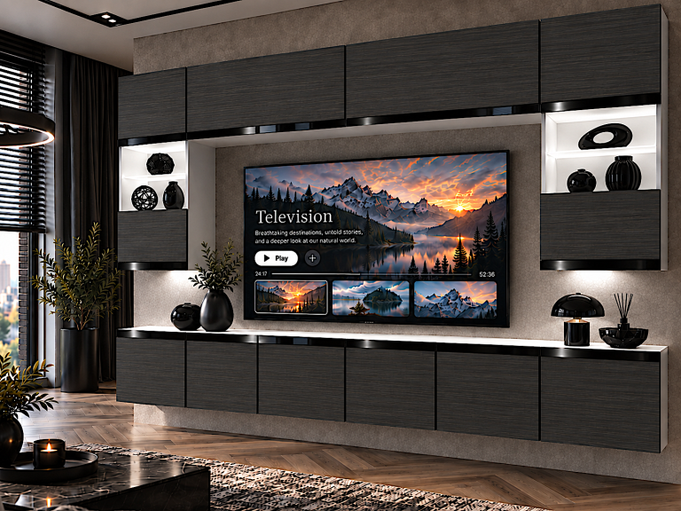 Mobilă de sufragerie  Prestige 300 cm TV/RTV negru abanos Producent IMP P2 Nolan 1/5/W/HK/0/0/CP