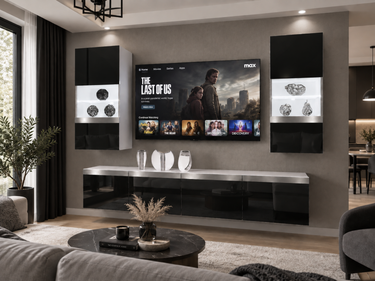 Mobilă sufragerie Prestige 200 cm pentru TV/RTV, negru lucios, Producător: IMP P Keanu 7/5/W/B/0/0/SL