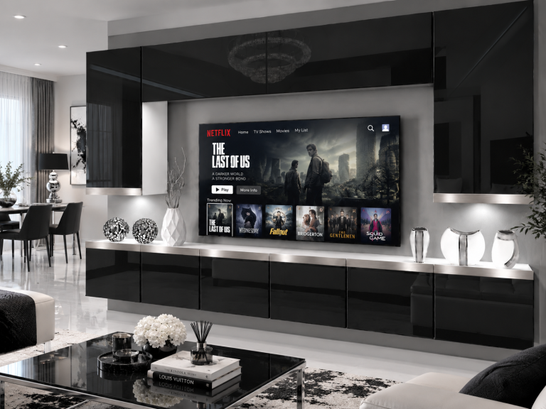 Mobilă de sufragerie Prestige 300 cm TV/RTV negru lucios Producător IMP P Monroe 2/5/W/B/0/0/SL