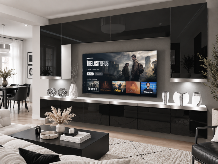 Mobilă de sufragerie Prestige 300 cm TV/RTV negru lucios Producător IMP P Monroe 2/5/W/B/0/0/SL