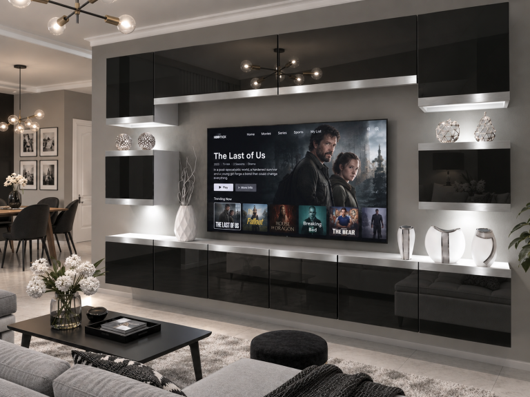 Mobilă de sufragerie  Prestige 300 cm TV/RTV negru lucios Producător IMP P Tarantino 3/5/W/B/0/0/SL