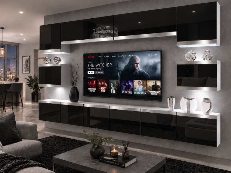 Mobilă de sufragerie  Prestige 300 cm TV/RTV negru lucios Producător IMP P Tarantino 3/5/W/B/0/0/SL