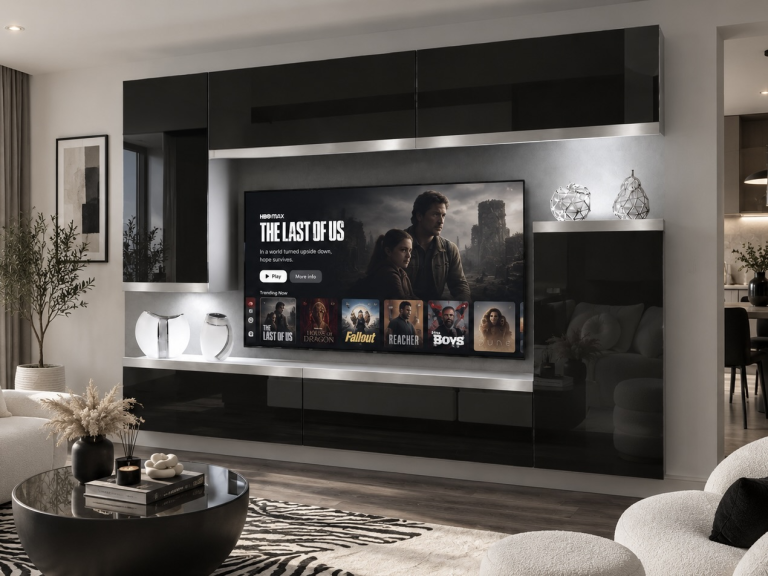 Mobilă sufragerie Prestige 250 cm pentru TV/RTV, negru lucios, Producător: IMP P Woody 8/5/W/B/0/0/SL