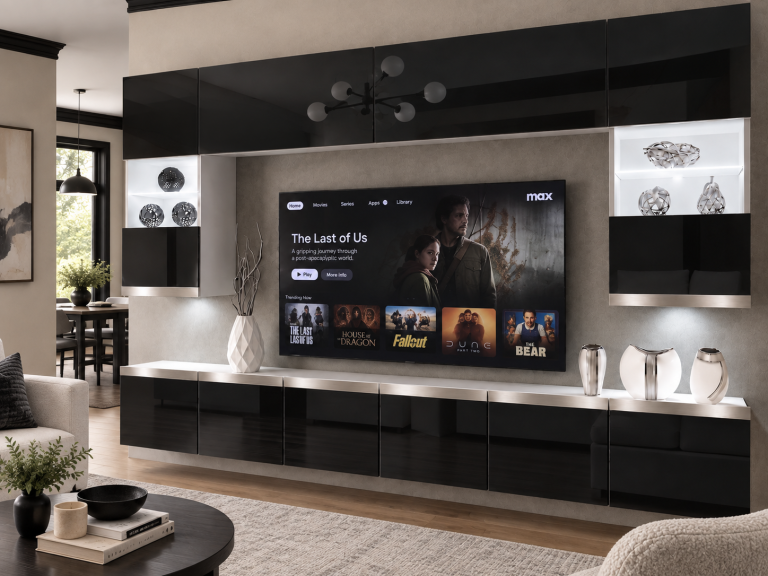 Mobilă de sufragerie Prestige 300 cm TV/RTV negru lucios Producător IMP P1 Nolan 1/5/W/B/0/0/SL