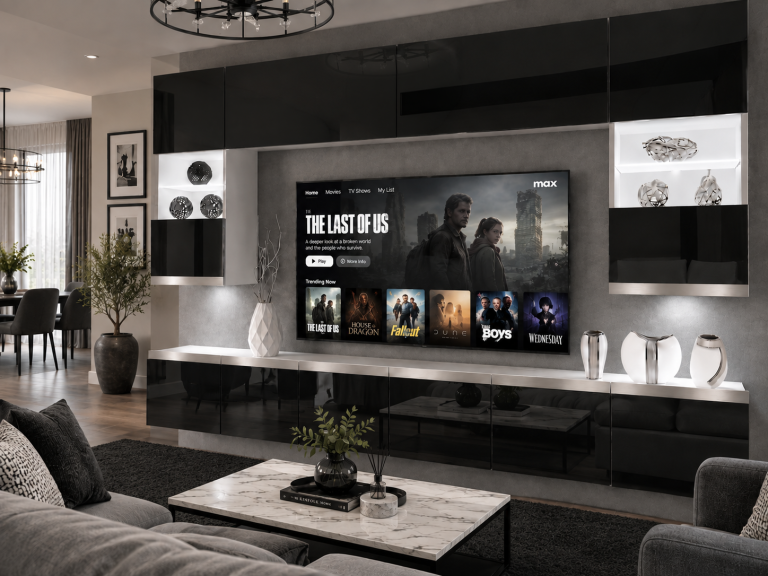 Mobilă de sufragerie Prestige 300 cm TV/RTV negru lucios Producător IMP P1 Nolan 1/5/W/B/0/0/SL