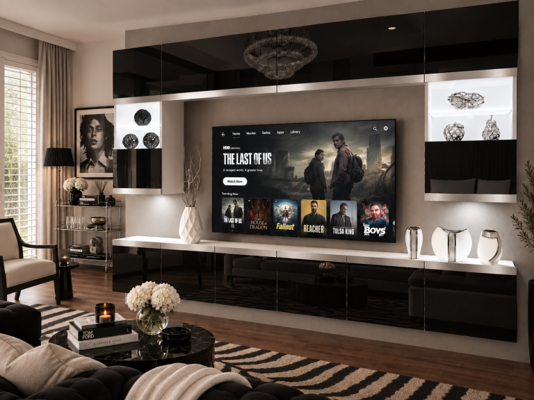 Mobilă de sufragerie Prestige 300 cm TV/RTV negru lucios Producător IMP P2 Nolan 1/5/W/B/0/0/SL