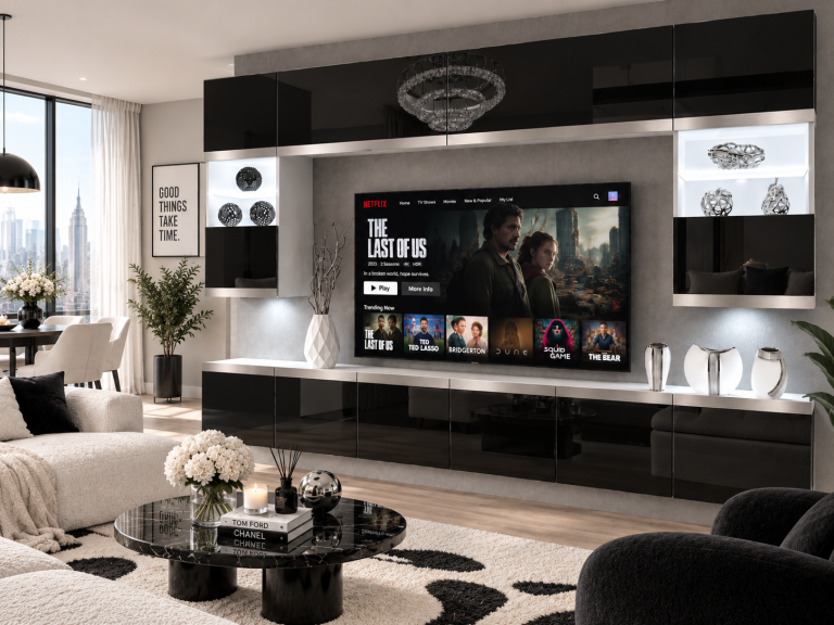Mobilă de sufragerie Prestige 300 cm TV/RTV negru lucios Producător IMP P2 Nolan 1/5/W/B/0/0/SL