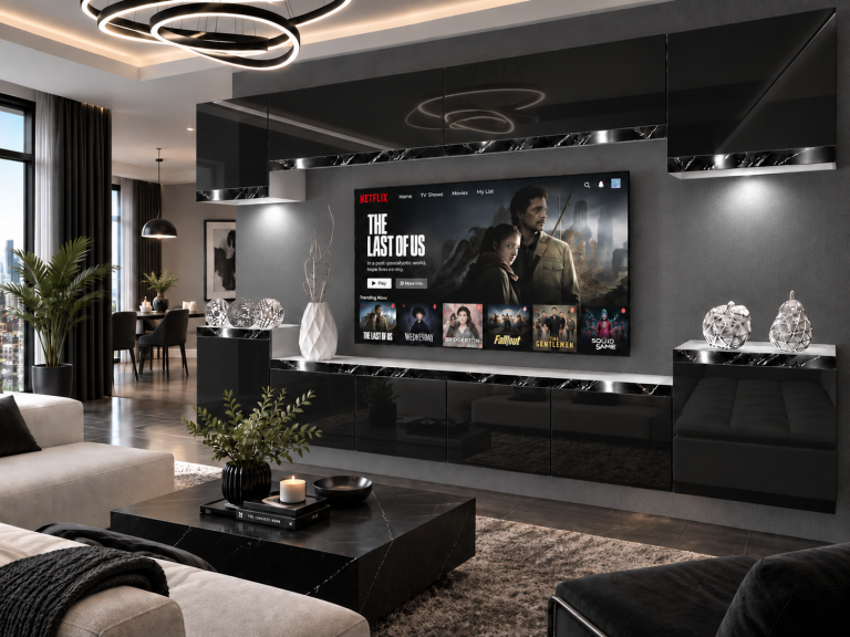 Mobilă de sufragerie Prestige 300 cm TV/RTV  negru lucios Producător IMP P Hepburn 4/5/W/B/0/0/CS