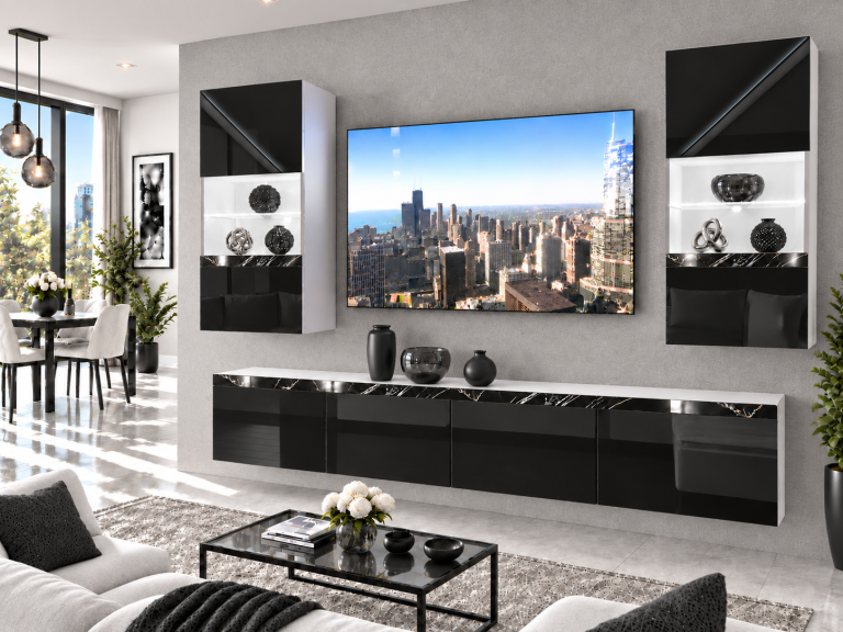 Mobilă sufragerie Prestige 200 cm pentru TV/RTV, negru lucios, Producător: IMP P Keanu 7/5/W/B/0/0/CS